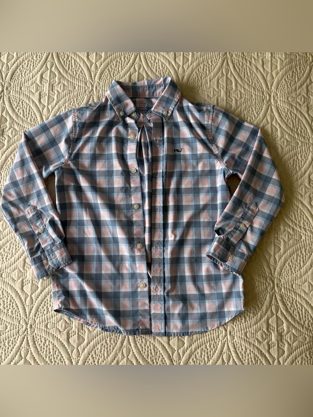 Vineyard Vines Pastel Pink and Light Blue Plaid Performance Shirt Boys
